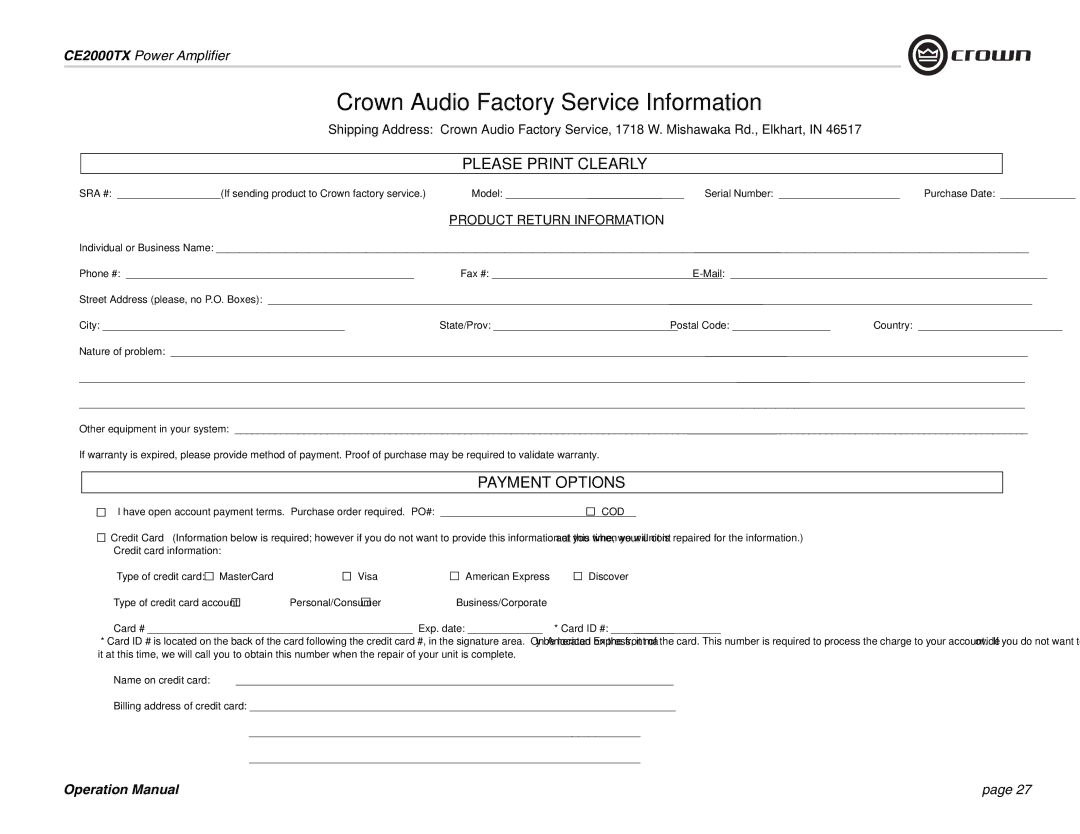 Crown Audio CE2000TX operation manual Crown Audio Factory Service Information 