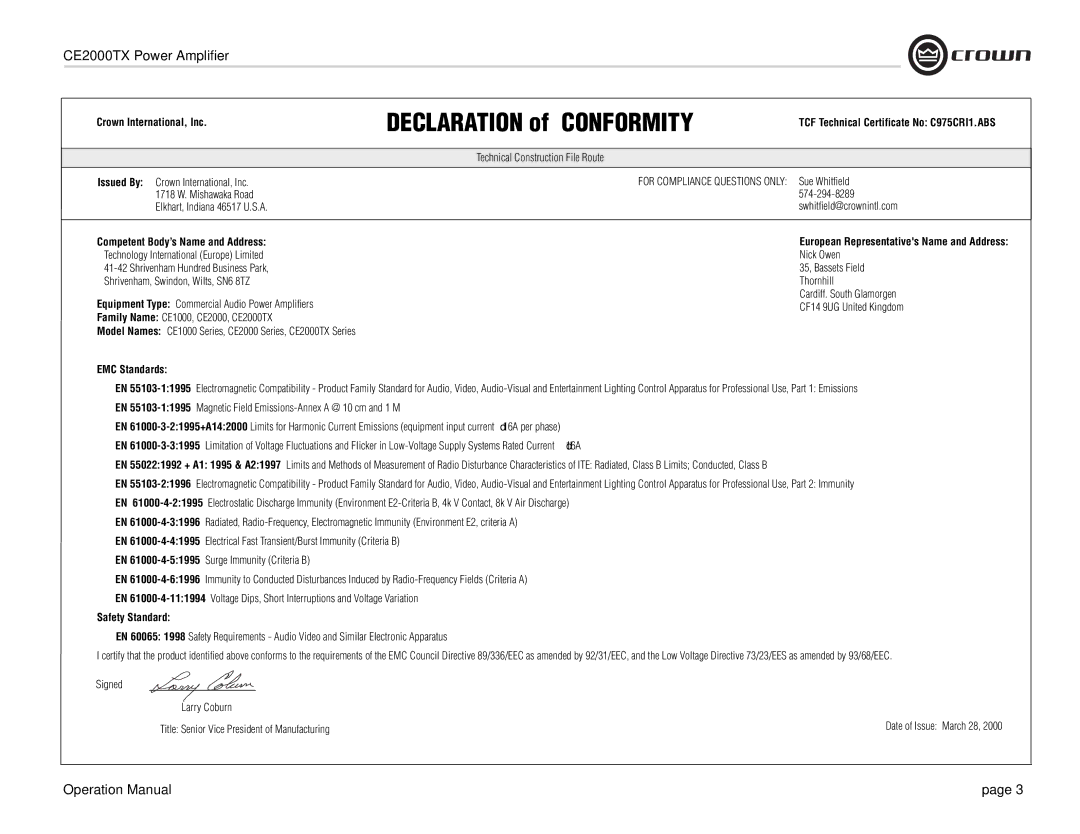 Crown Audio CE2000TX Crown International, Inc, TCF Technical Certificate No C975CRI1.ABS, EMC Standards, Safety Standard 