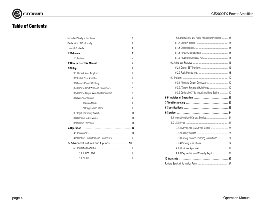 Crown Audio CE2000TX operation manual Table of Contents 