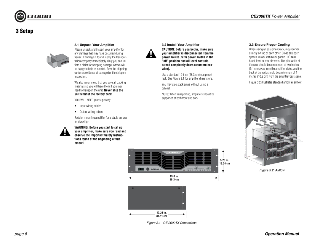 Crown Audio CE2000TX Setup, Unpack Your Amplifier Install Your Amplifier, You may also stack amps without using a cabinet 