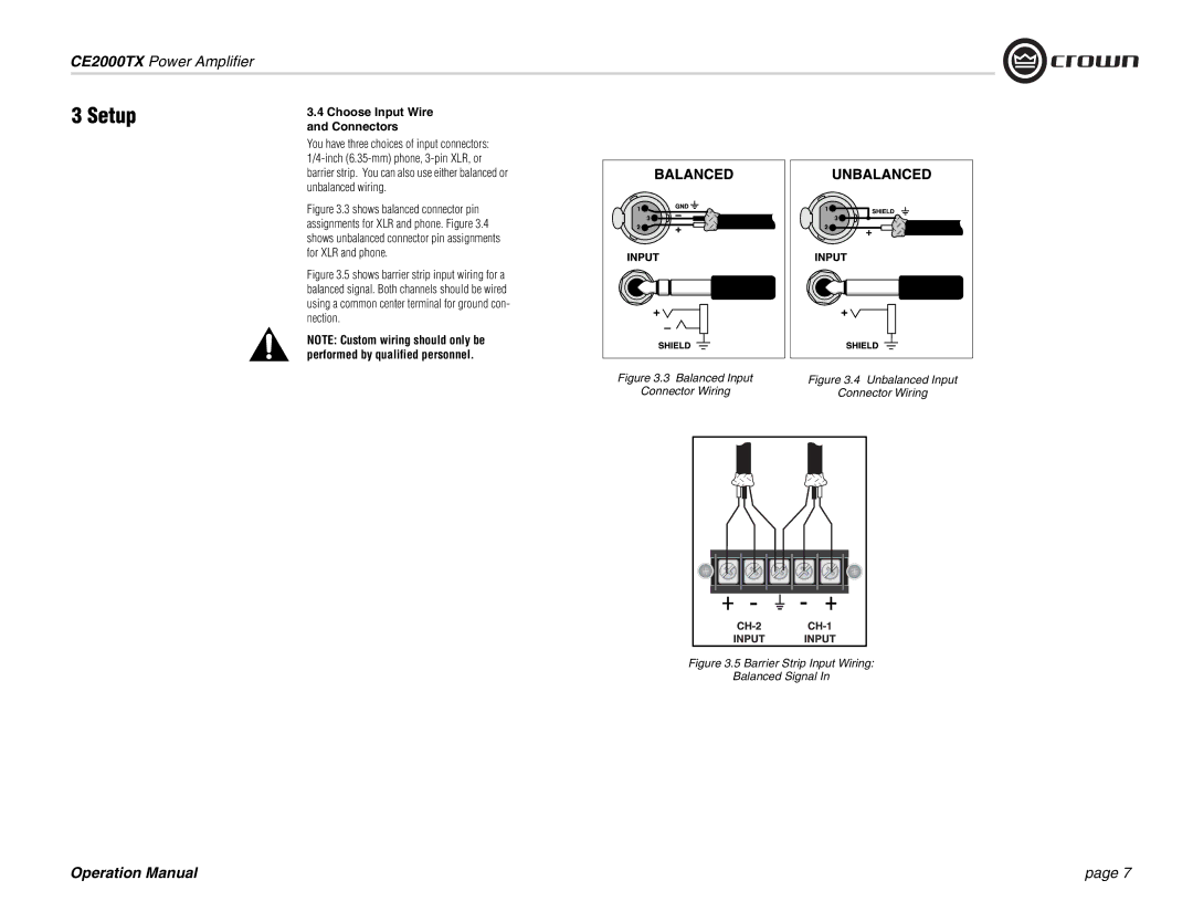 Crown Audio CE2000TX operation manual Choose Input Wire and Connectors, Balanced Input Connector Wiring 