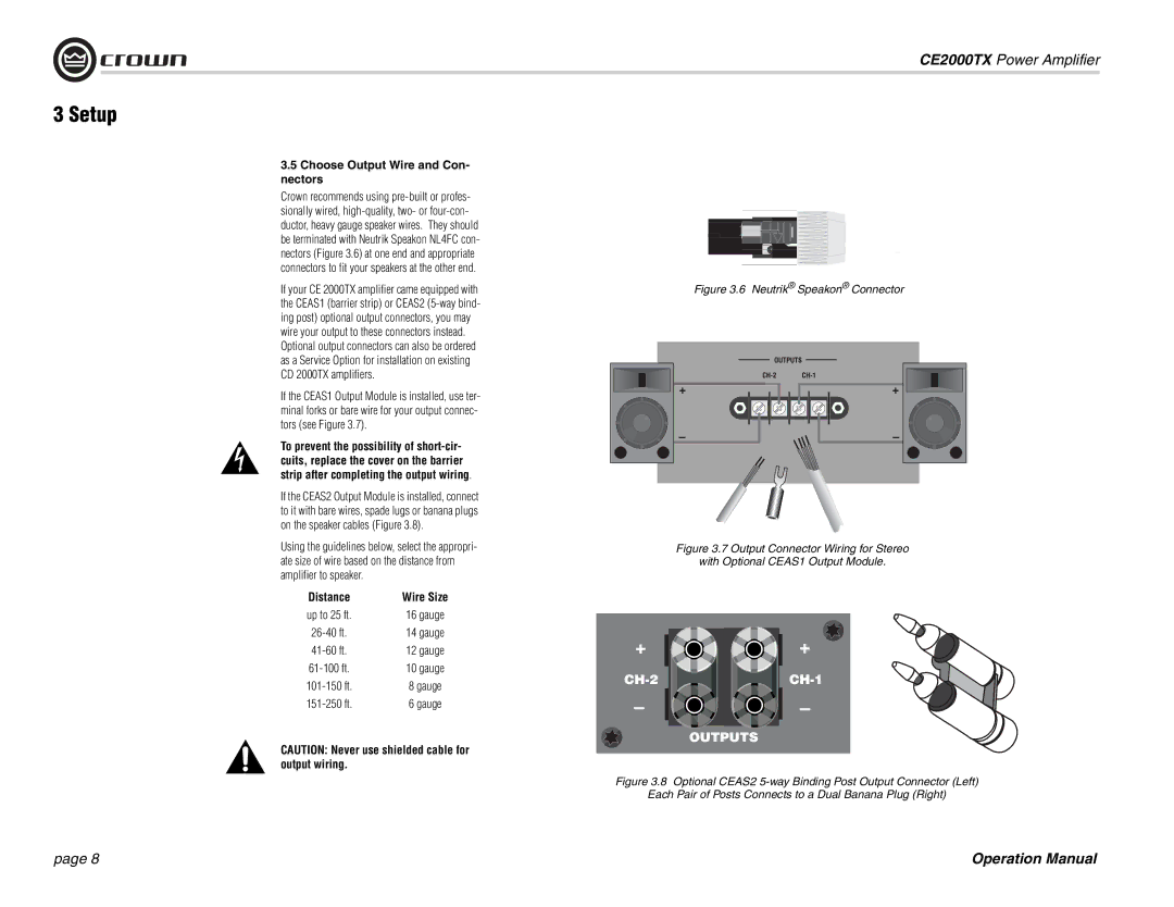 Crown Audio CE2000TX operation manual Choose Output Wire and Con- nectors, Neutrik Speakon Connector 