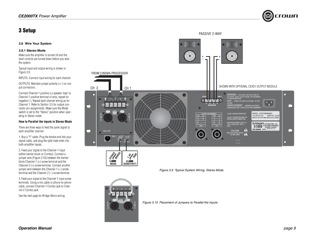 Crown Audio CE2000TX operation manual Wire Your System Stereo Mode, How to Parallel the Inputs in Stereo Mode 