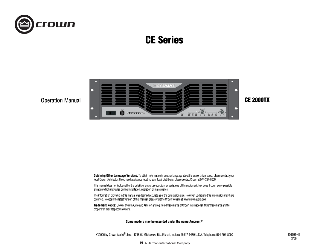 Crown Audio CE2000TX operation manual CE 2000TX, Some models may be exported under the name Amcron, CE Series 