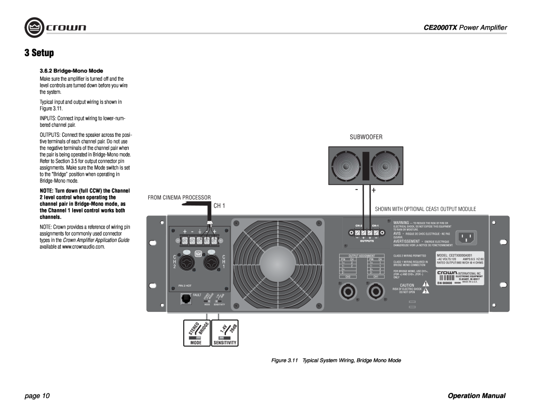 Crown Audio operation manual 3Setup, 3.6.2Bridge-MonoMode, CE2000TX Power Amplifier, page, Operation Manual 