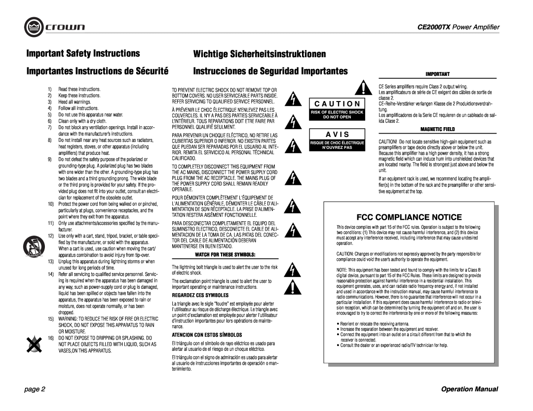 Crown Audio Important Safety Instructions, CE2000TX Power Amplifier, page, Operation Manual, Fcc Compliance Notice 