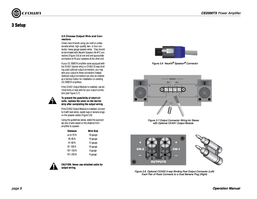 Crown Audio Choose Output Wire and Con- nectors, Setup, CE2000TX Power Amplifier, page, Operation Manual, Distance 