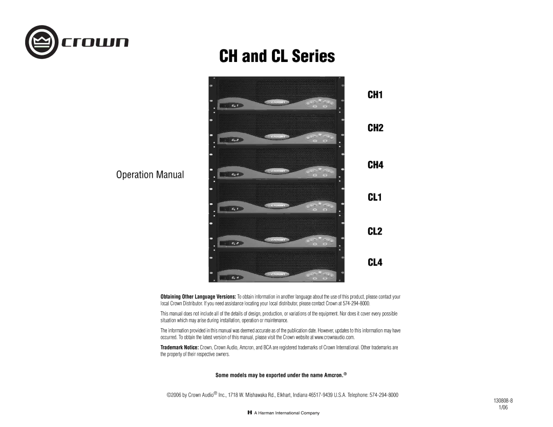 Crown Audio CH Series operation manual CH and CL Series, Some models may be exported under the name Amcron 