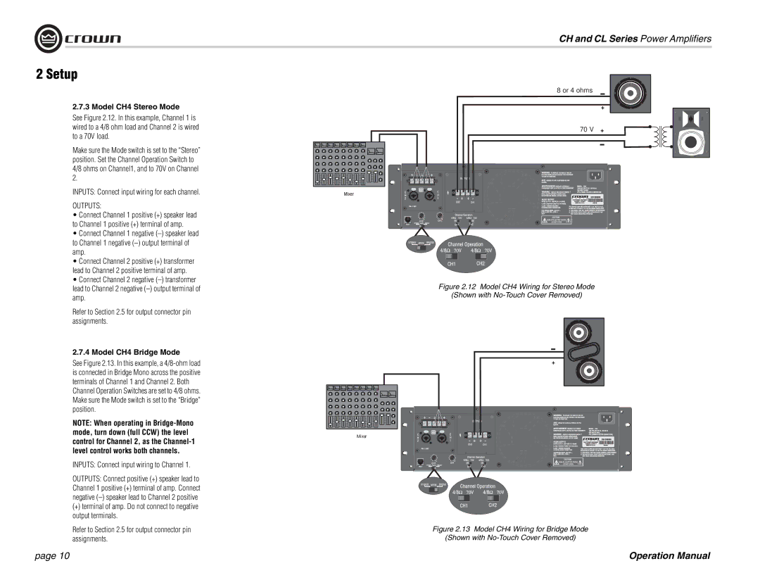 Crown Audio CH Series, CL Series Model CH4 Stereo Mode, Model CH4 Bridge Mode, Inputs Connect input wiring to Channel 