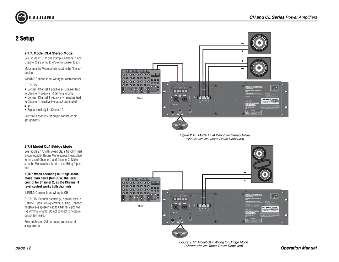 Crown Audio CH Series, CL Series Model CL4 Stereo Mode, Model CL4 Bridge Mode, Inputs Connect input wiring to CH1 