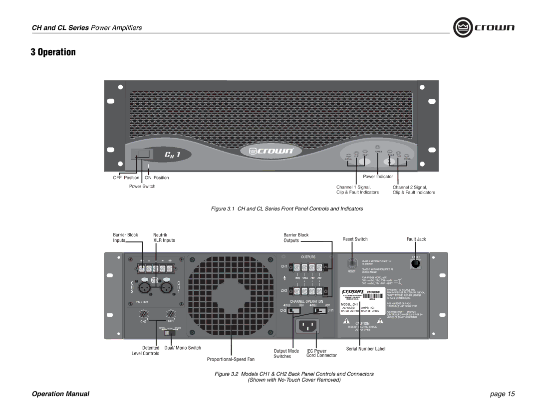 Crown Audio CH Series operation manual CH and CL Series Front Panel Controls and Indicators 