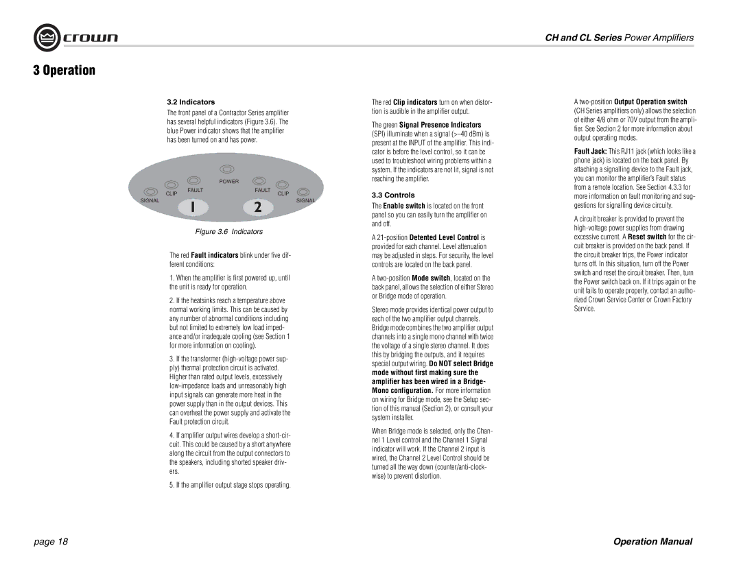 Crown Audio CH Series, CL Series operation manual Indicators, If the amplifier output stage stops operating, Controls 