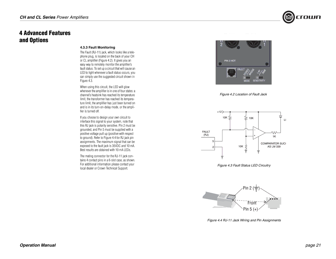 Crown Audio CL Series, CH Series operation manual Fault Monitoring, Location of Fault Jack 