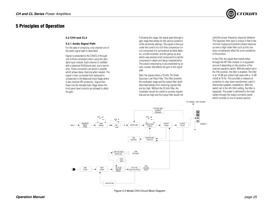 Crown Audio CL Series, CH Series operation manual CH4 and CL4 Audio Signal Path, Model CH4 Circuit Block Diagram 