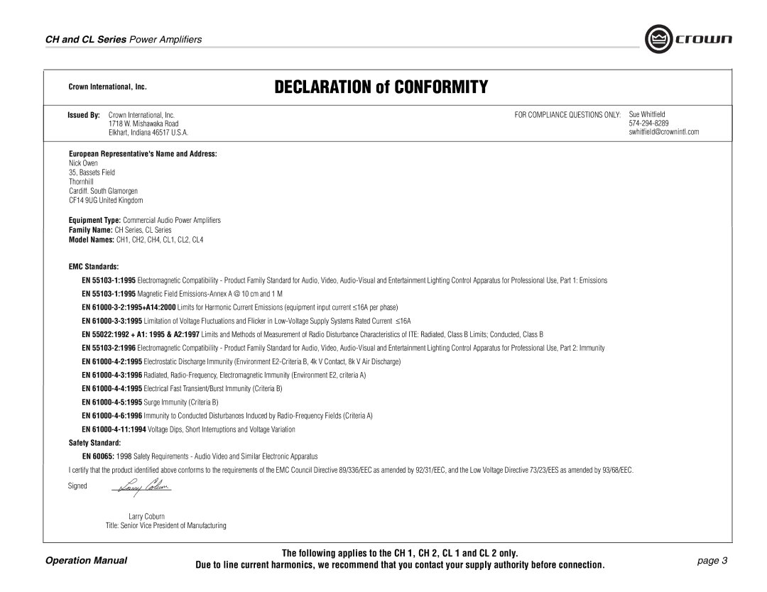 Crown Audio CL Series Crown International, Inc, European Representatives Name and Address, EMC Standards, Safety Standard 