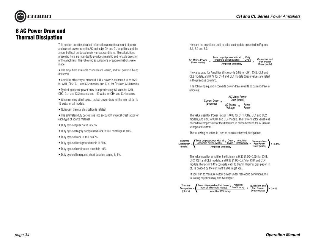 Crown Audio CH Series AC Power Draw Thermal Dissipation, Following equation is used to calculate thermal dissipation 