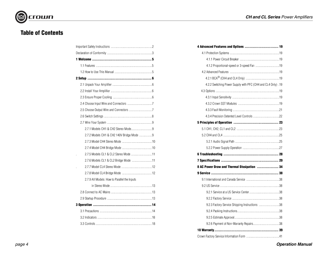 Crown Audio CH Series, CL Series operation manual Table of Contents 