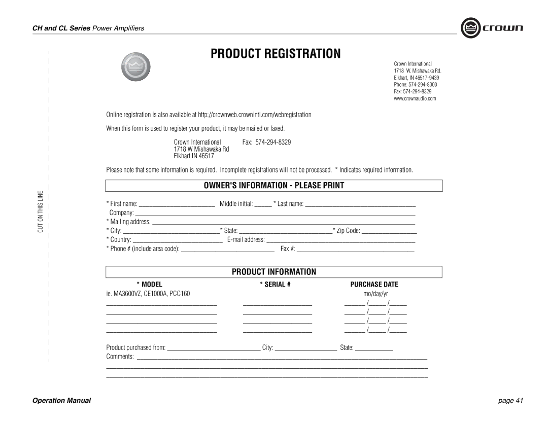 Crown Audio CL Series, CH Series operation manual Fax, Mo/day/yr 