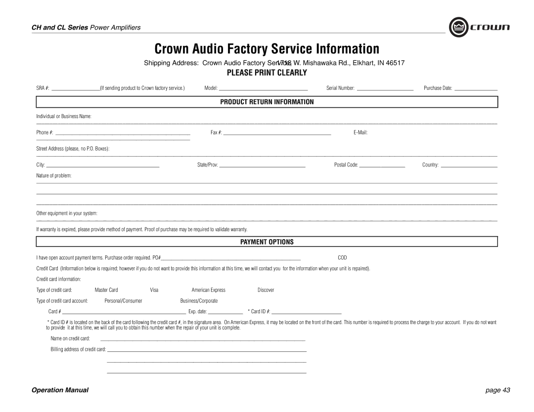 Crown Audio CL Series Model, Individual or Business Name Phone # Fax #, ‰ Personal/Consumer ‰ Business/Corporate 