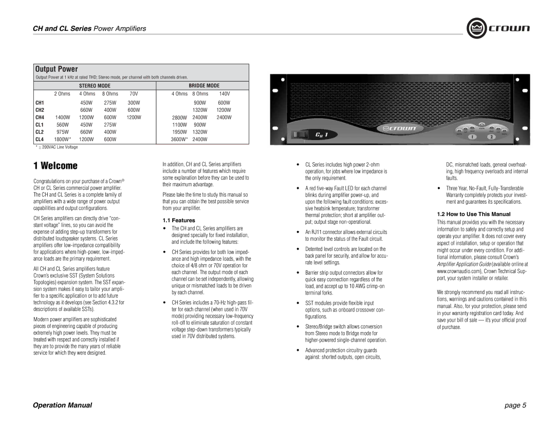 Crown Audio CL Series, CH Series operation manual Welcome, Features, How to Use This Manual 