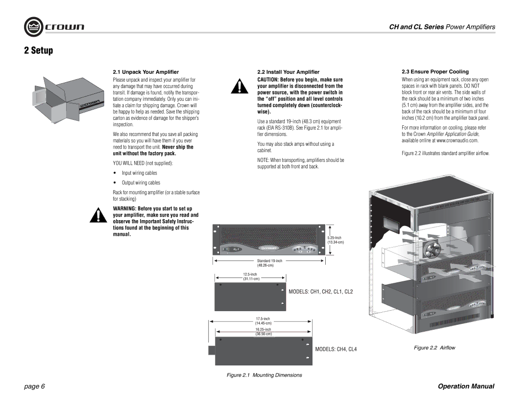 Crown Audio CH Series, CL Series operation manual Setup, Unpack Your Amplifier Install Your Amplifier 