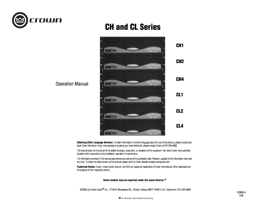 Crown Audio CH Series operation manual CH1 CH2 CH4, CL1 CL2 CL4, CH and CL Series 