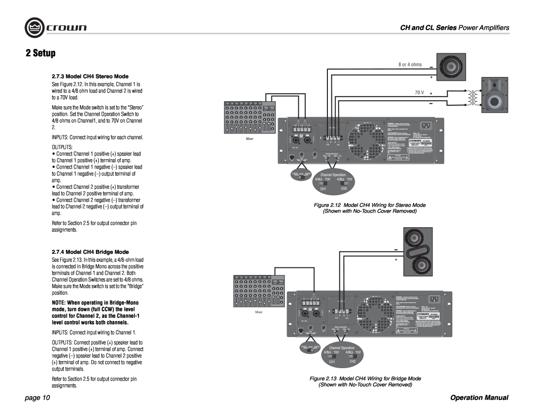 Crown Audio CH Series 2Setup, CH and CL Series Power Amplifiers, page, 2.7.3Model CH4 Stereo Mode, Model CH4 Bridge Mode 