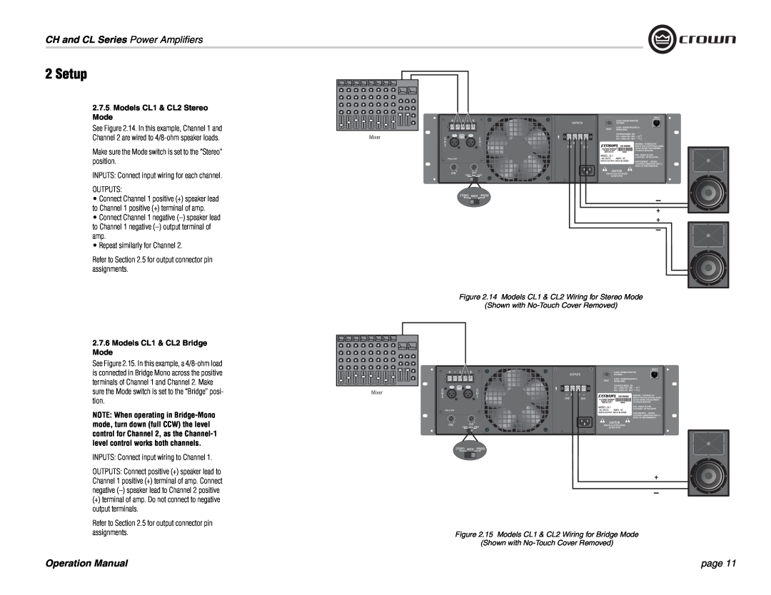Crown Audio CH Series operation manual Setup, CH and CL Series Power Amplifiers, page, Models CL1 & CL2 Stereo Mode 