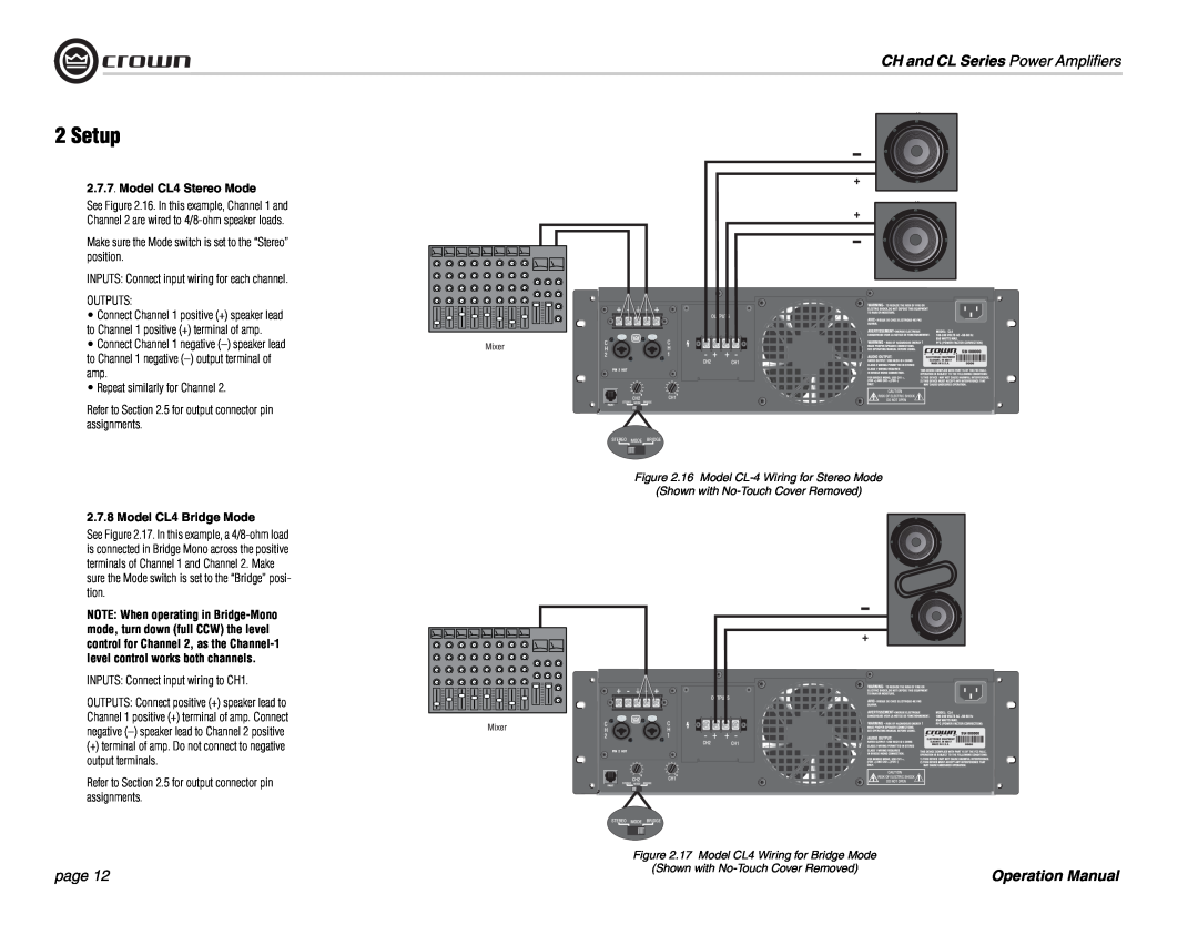 Crown Audio CH Series Setup, CH and CL Series Power Amplifiers, page, Model CL4 Stereo Mode, Model CL4 Bridge Mode 