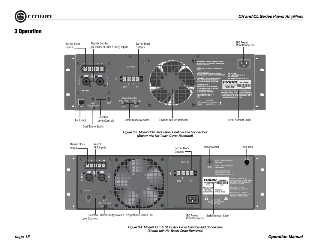 Crown Audio CH Series operation manual Operation, CH and CL Series Power Amplifiers, page, Shown with No-TouchCover Removed 