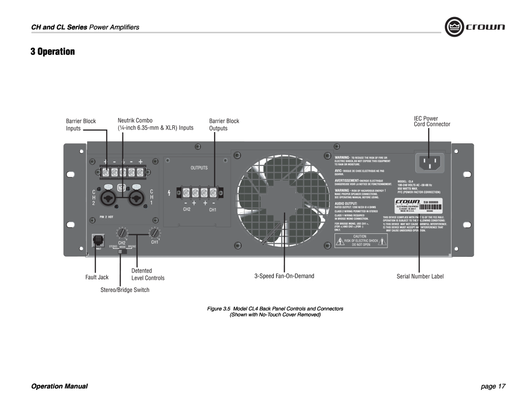 Crown Audio Operation, CH and CL Series Power Amplifiers, page, Speed Fan-On-Demand, Shown with No-TouchCover Removed 