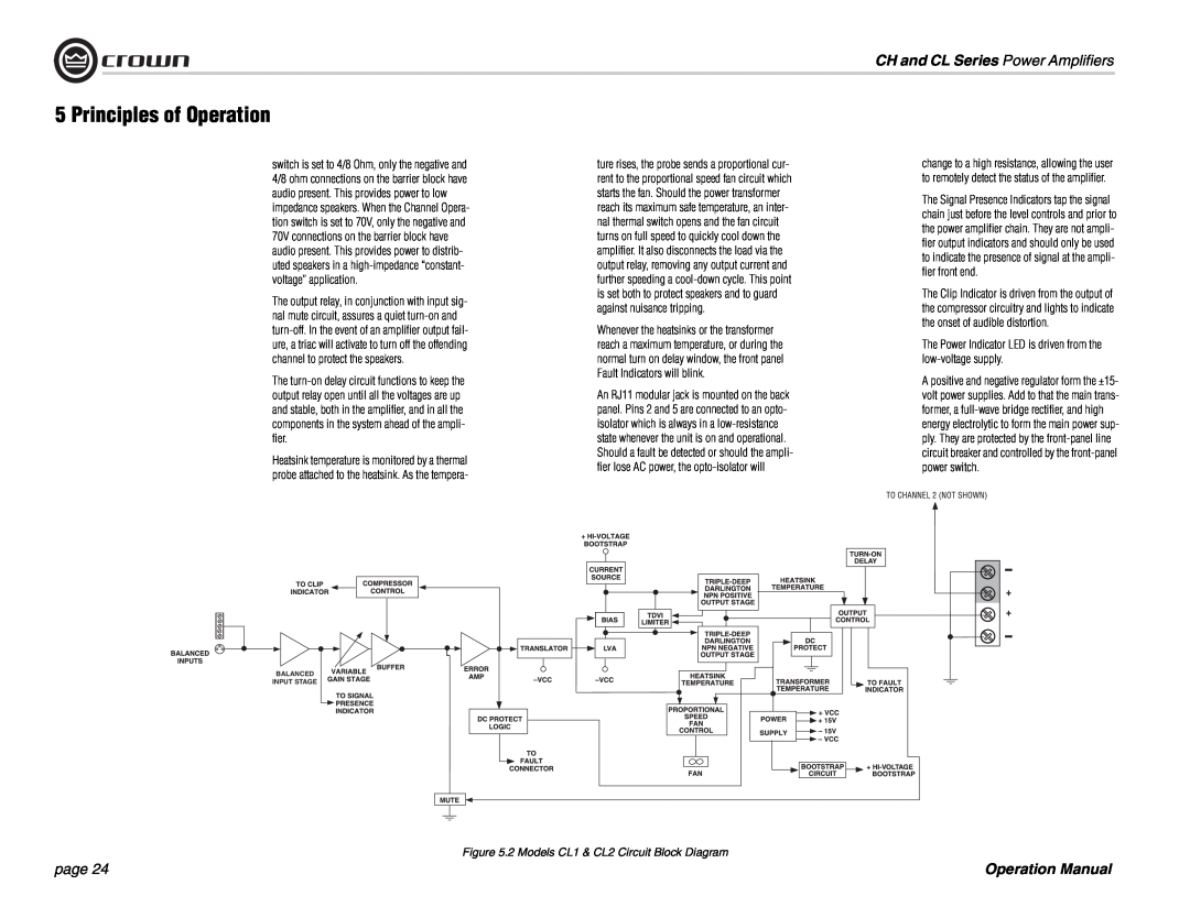 Crown Audio CH Series operation manual Principles of Operation, CH and CL Series Power Amplifiers, page 