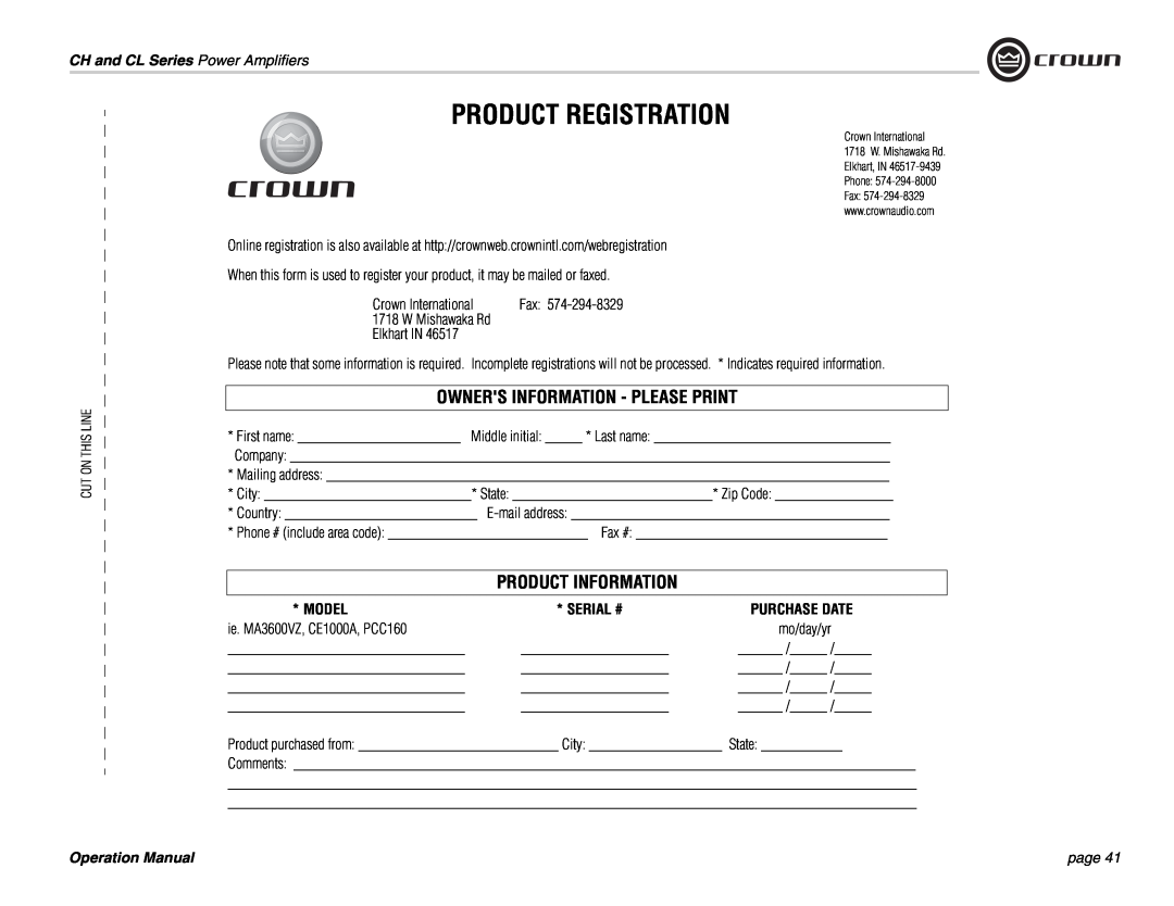 Crown Audio CL Series Product Registration, Owners Information - Please Print, Product Information, Model, Serial #, page 