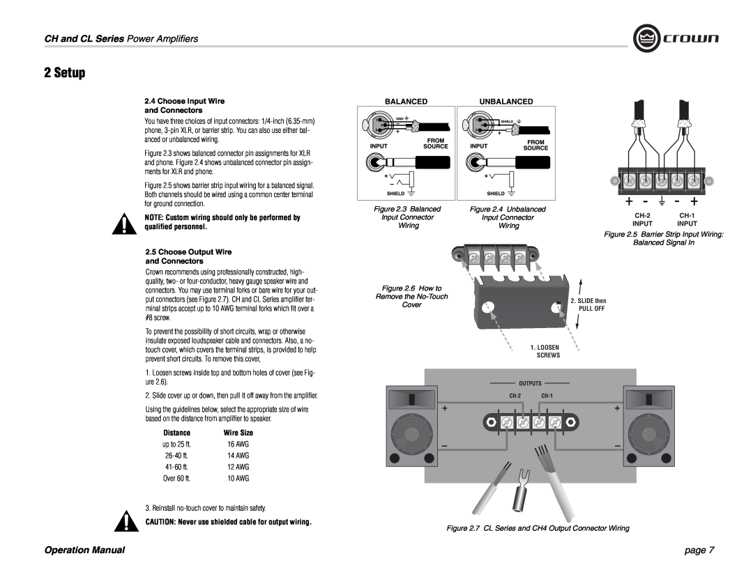 Crown Audio CH Series Setup, CH and CL Series Power Amplifiers, page, 2.4Choose Input Wire and Connectors 