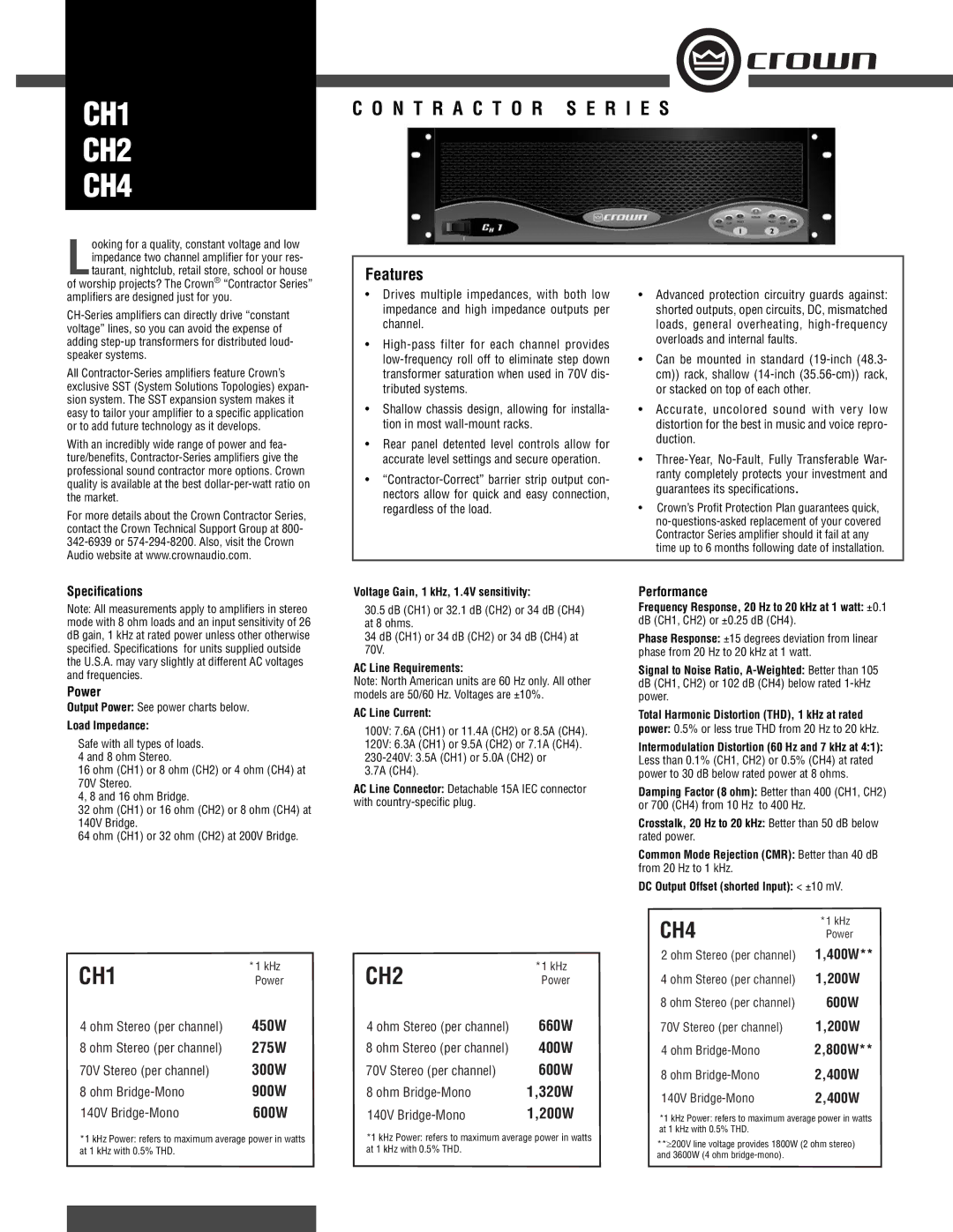 Crown Audio CH1 specifications Speciﬁcations, Performance, Power, Load Impedance, AC Line Requirements AC Line Current 