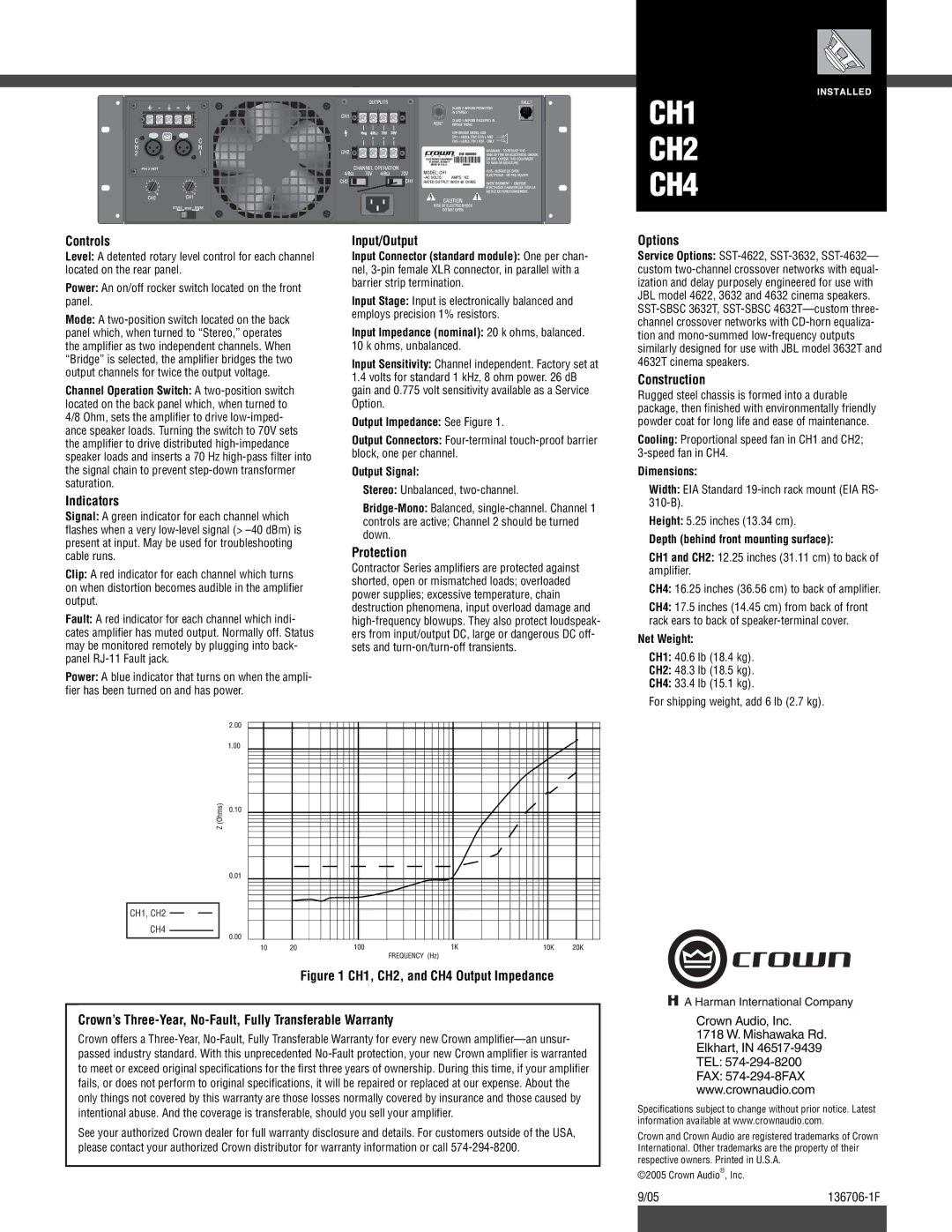 Crown Audio CH2, CH3, CH1 specifications Controls, Indicators, Input/Output, Protection, Options, Construction 