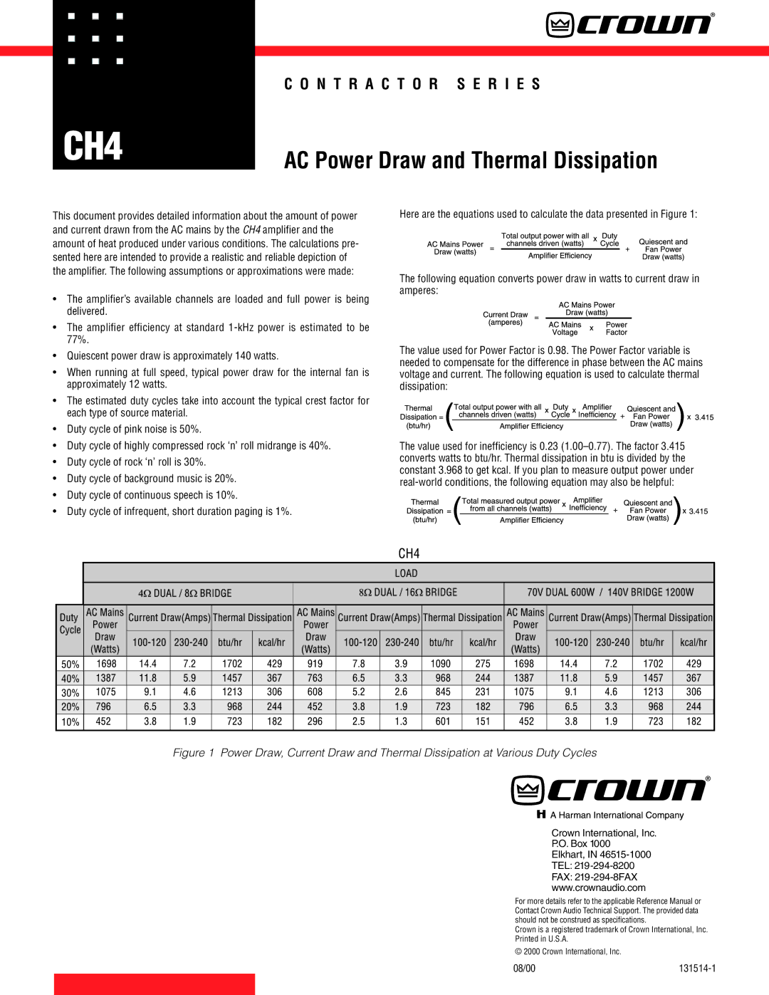 Crown Audio CH4 manual AC Power Draw and Thermal Dissipation, Crown International, Inc Box Elkhart, TEL FAX 219-294-8FAX 