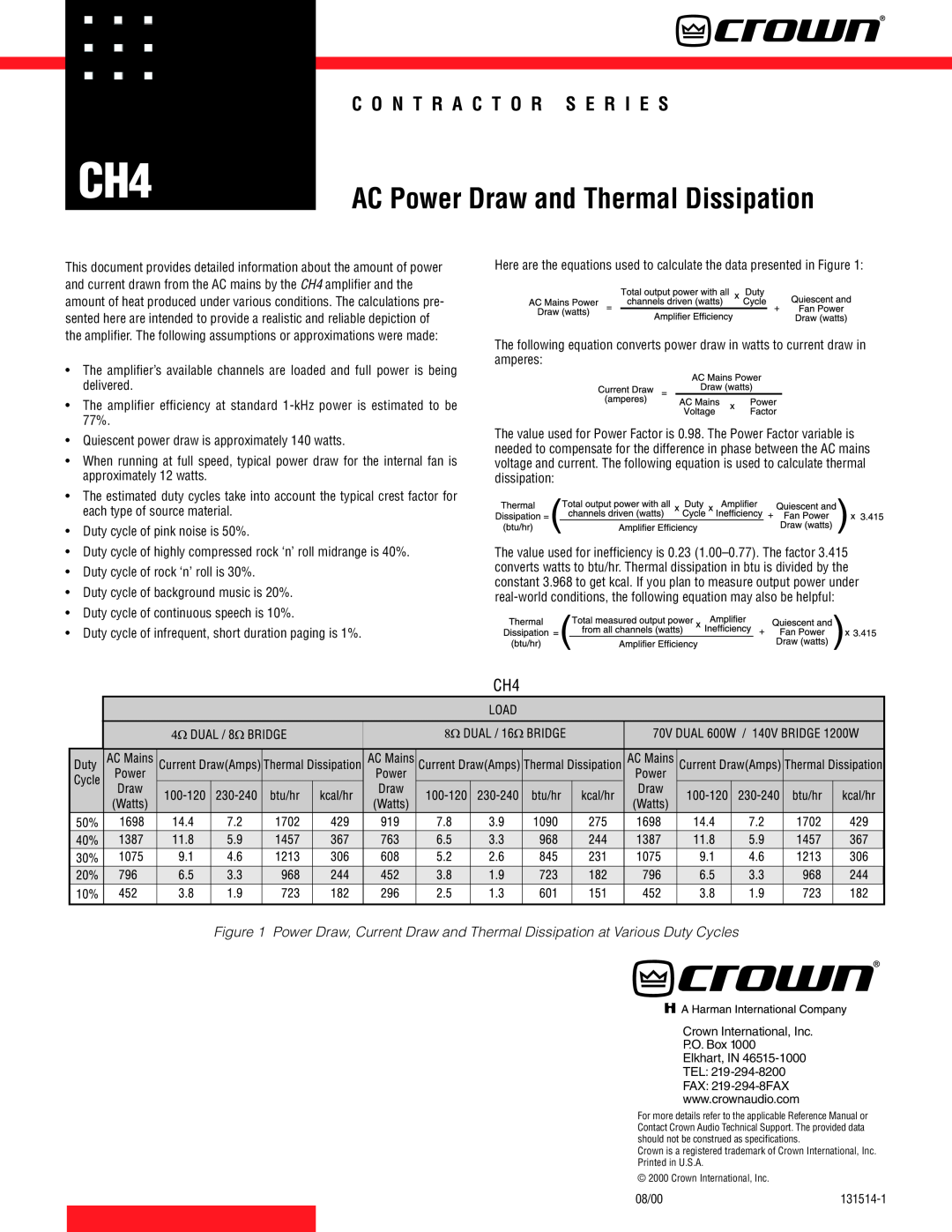 Crown Audio CH4 manual AC Power Draw and Thermal Dissipation, C O N T R A C T O R S E R I E S 