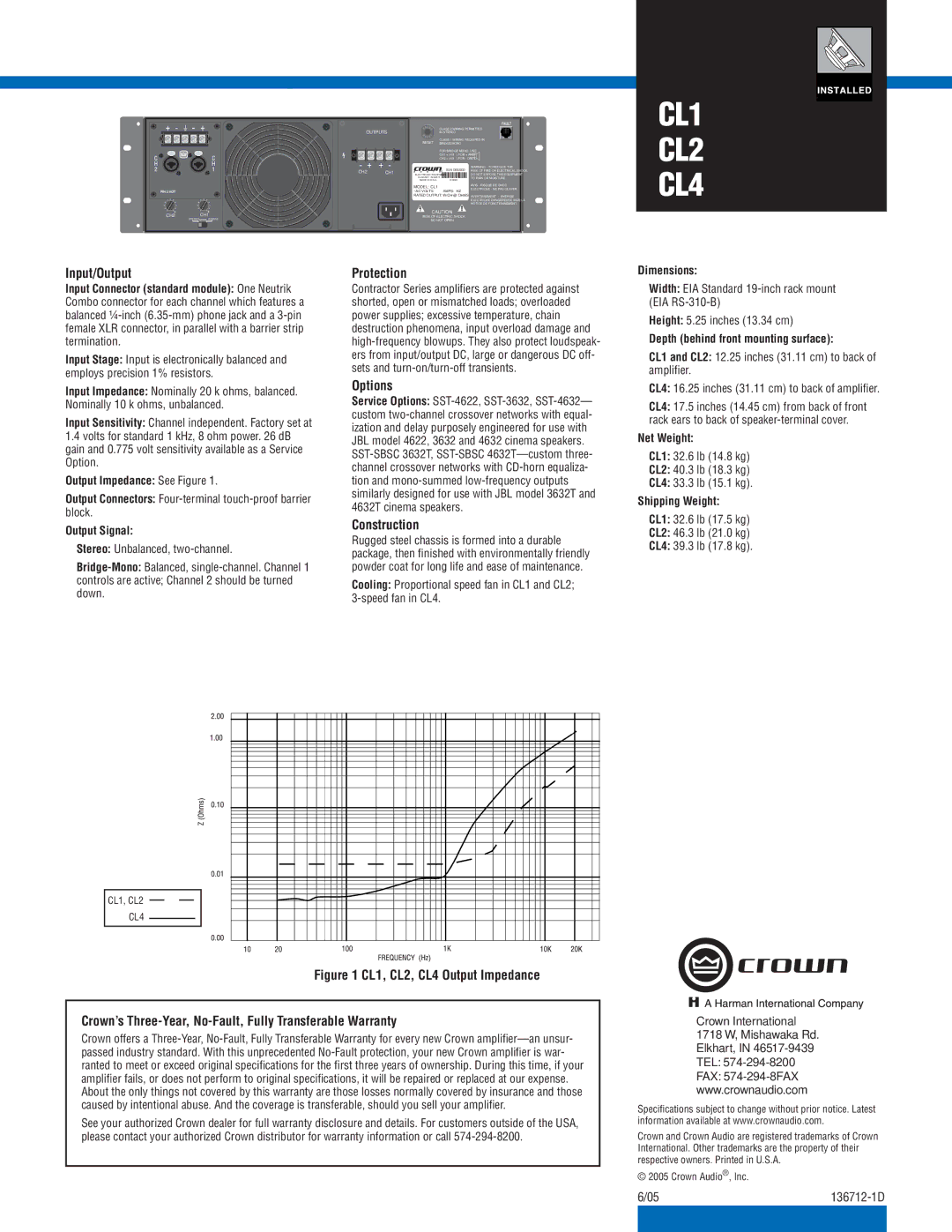 Crown Audio CL3, CL2, CL1 specifications Input/Output Protection, Options, Construction 