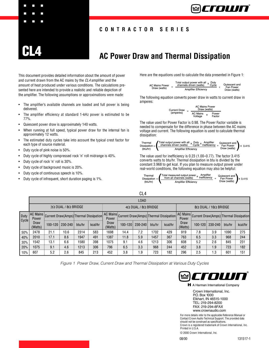 Crown Audio CL4 manual AC Power Draw and Thermal Dissipation, Crown International, Inc Box Elkhart, TEL FAX 219-294-8FAX 