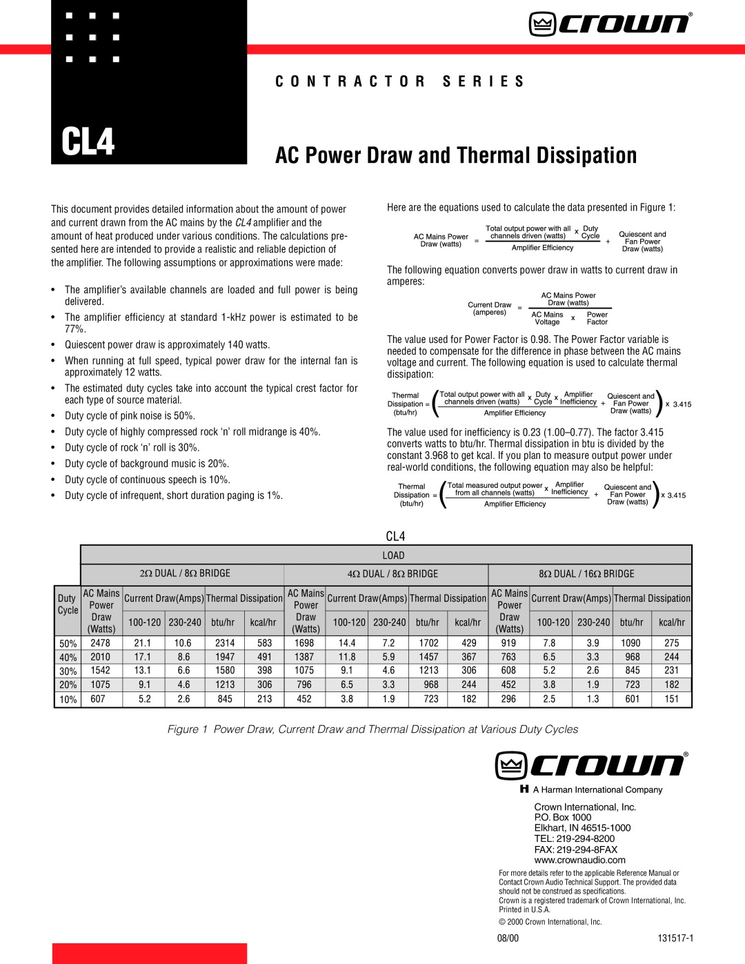 Crown Audio CL4 manual AC Power Draw and Thermal Dissipation, C O N T R A C T O R S E R I E S 