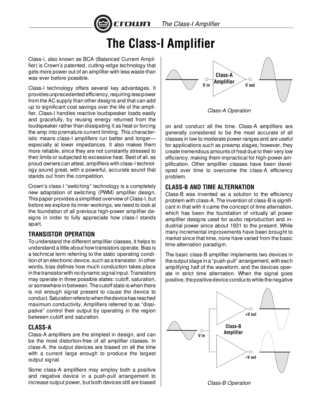 Crown Audio Class-I manual Transistor Operation, CLASS-B and Time Alternation, Class-A Operation, Class-B Operation 