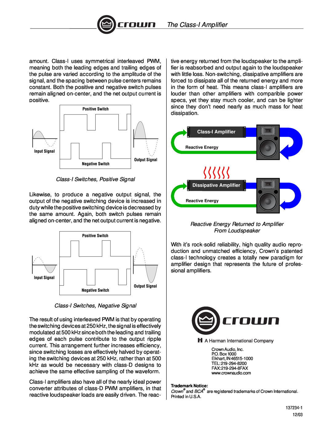 Crown Audio Class-ISwitches, Positive Signal, Class-ISwitches, Negative Signal, Reactive Energy Returned to Amplifier 