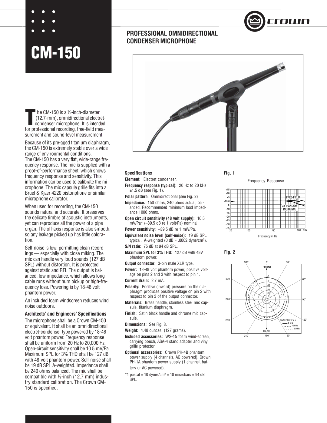 Crown Audio CM-150 specifications Specifications, Frequency response typical 20 Hz to 20 kHz ±1.5 dB see Fig 