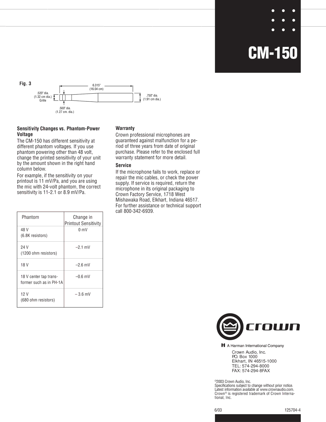 Crown Audio CM-150 specifications Sensitivity Changes vs. Phantom-Power Voltage, Warranty, Service 