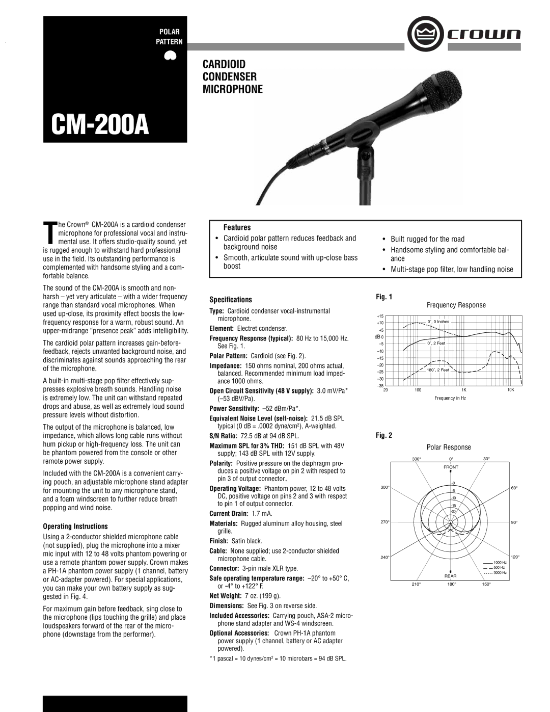 Crown Audio CM-200A specifications Features, Operating Instructions, Speciﬁcations 