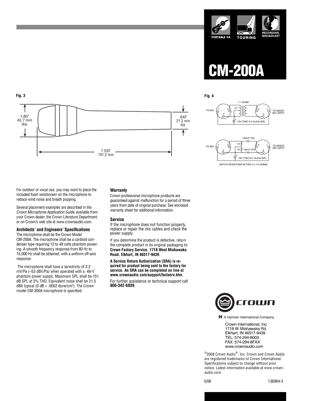 Crown Audio CM-200A specifications Architects’ and Engineers’ Speciﬁcations, Warranty, Service 