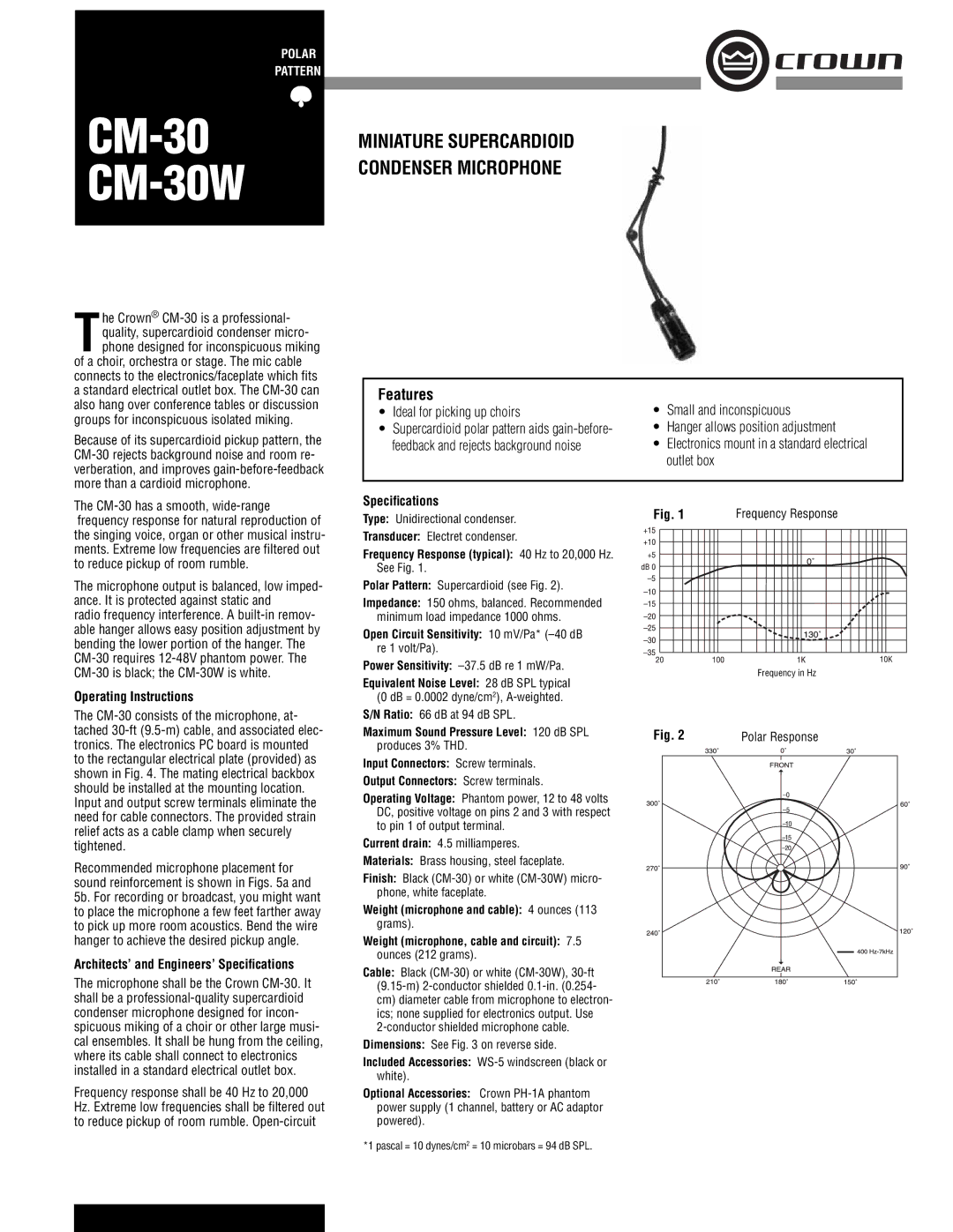 Crown Audio CM-30W operating instructions Operating Instructions, Architects’ and Engineers’ Speciﬁcations 