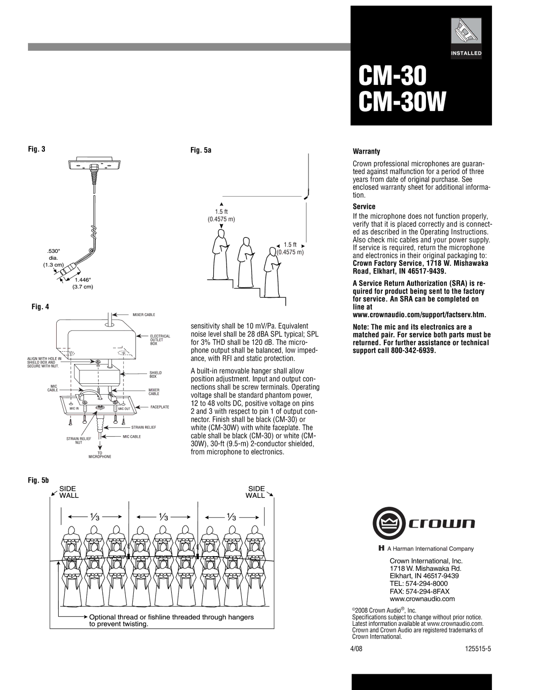 Crown Audio CM-30W operating instructions Warranty, Crown Factory Service, 1718 W. Mishawaka Road, Elkhart 