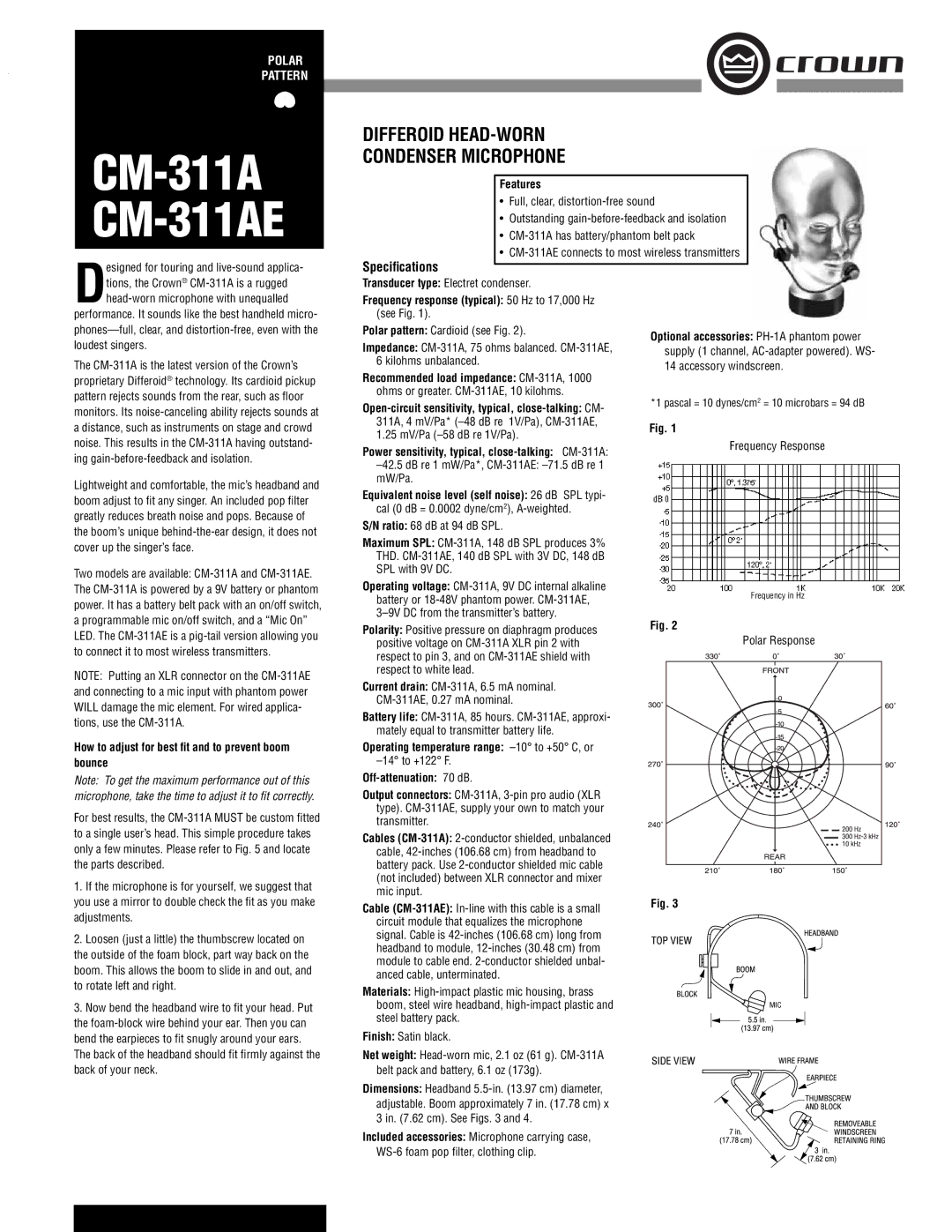 Crown Audio CM-311AE specifications Speciﬁcations, Features, Frequency response typical 50 Hz to 17,000 Hz see Fig 